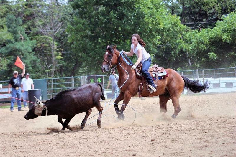 奥利维亚Sribniak on horseback during a roping competition