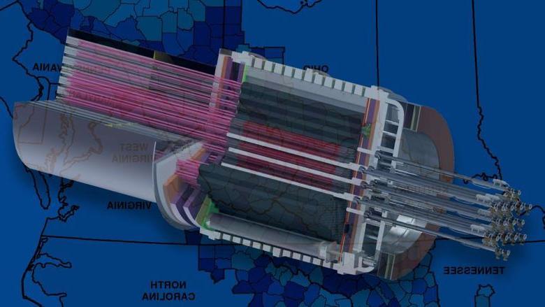 Illustration of micro reactor overlaying a map of the Midwest and Appalachia regions.