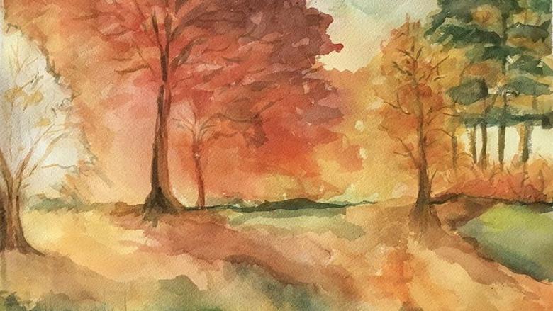 Watercolor painting of fall trees by Arlene Holtz