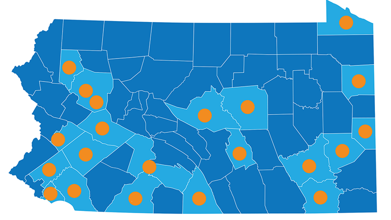 A map of the innovation hub locations across Pennsylvania