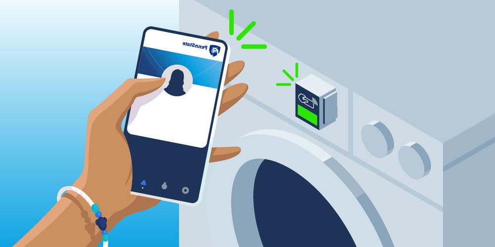 Vector image of student using mobile id+ card to pay laundry machine